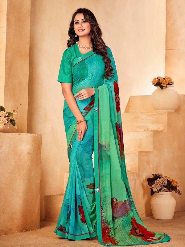 Aqua Green Bamberg Silk Digital Print Saree